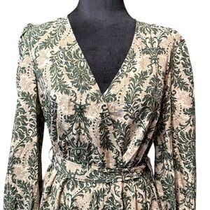 NEW‎ Green Damask Wrap Dress Long Sleeve V-Neck Boho Casual Cute Women's Small